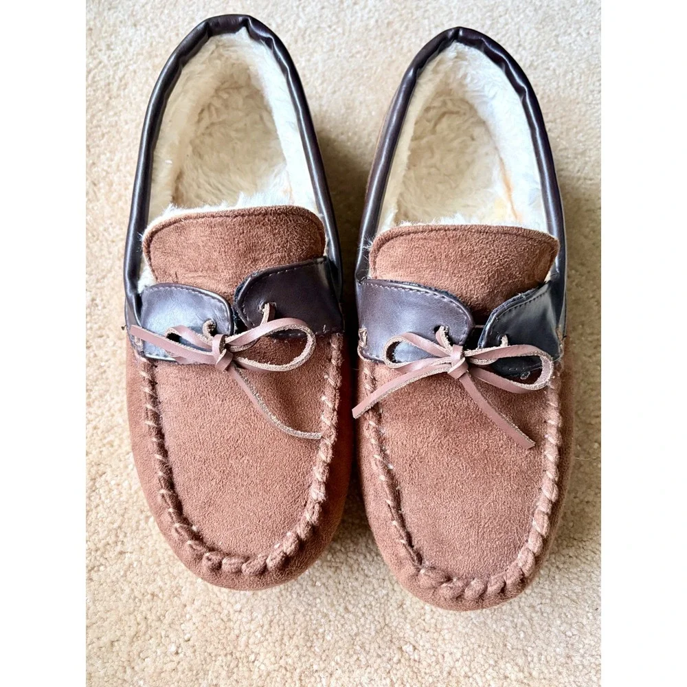 Lamo Mens Chestnut Faux Suede Sherpa Lined Moccasin Slippers Size 11 Comfy
